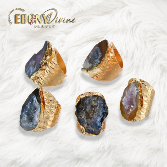 Irregular Raw Agate Slices Ring - Adjustable Gold Plated Open Wide Gemstone Finger Jewelry