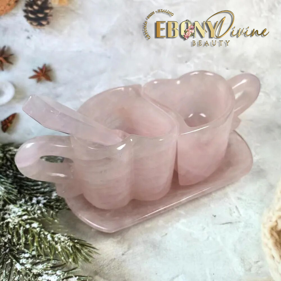 Natural Rose Quartz Two Hearts Carving Crystal Cups with Spoon Set