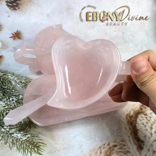 Natural Rose Quartz Two Hearts Carving Crystal Cups with Spoon Set