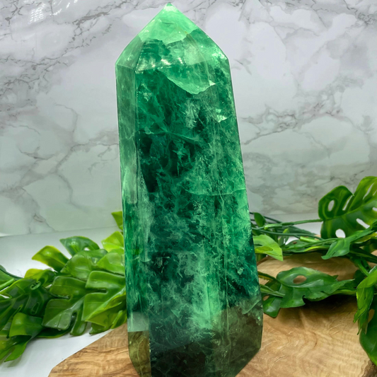 XXL-Large Natural Green Fluorite Crystal Point Tower: Healing Energy for Mind, Body, & Home