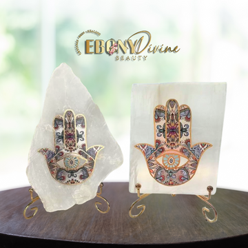 Selenite Slab with Hamsa & Evil Eye: Protection, Cleansing & Home Decor