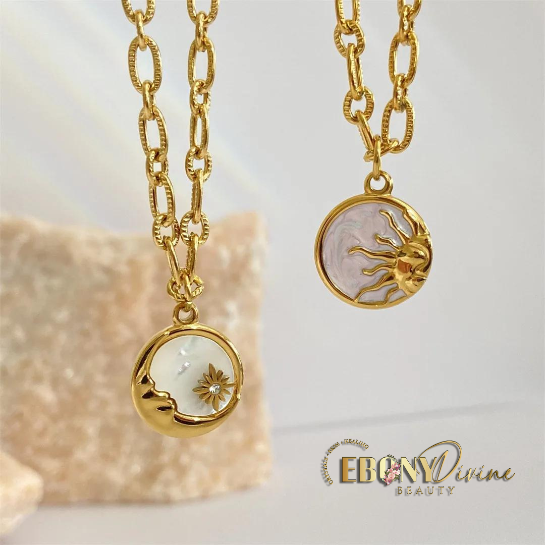 Vintage Sun & Moon Mother of Pearl Coin Pendant Necklace