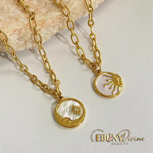 Vintage Sun & Moon Mother of Pearl Coin Pendant Necklace