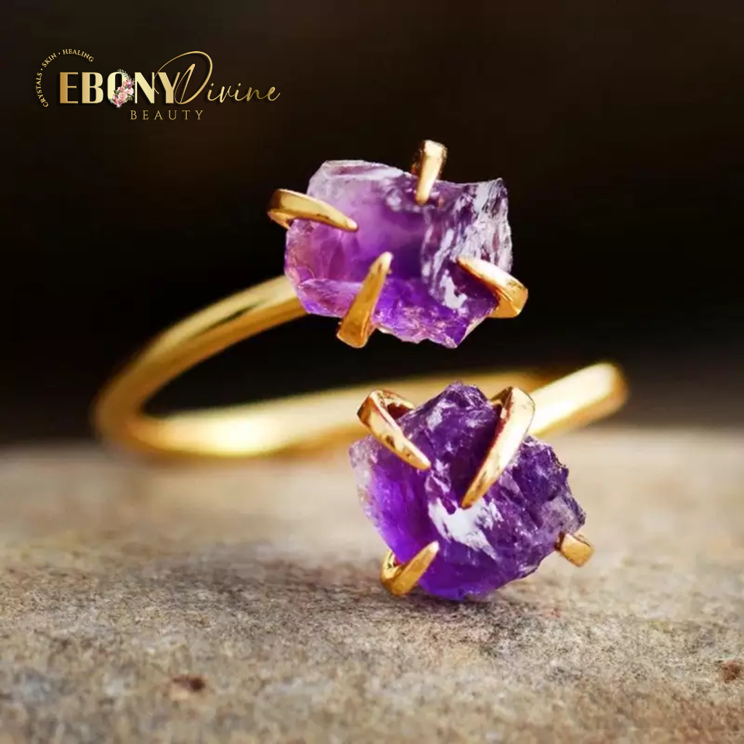 Irregular Amethyst Crystal Open Ring in Gold-color Claw Setting - Resizable