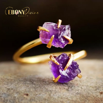 Irregular Amethyst Crystal Open Ring in Gold-color Claw Setting - Resizable