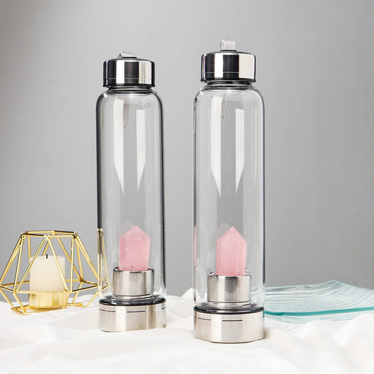 Rose Quartz Crystal-Infused Glass Healing Water Bottle