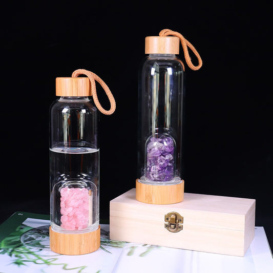 Natural Crystal Gemstone Glass Water Bottle with Bamboo Cup Cover