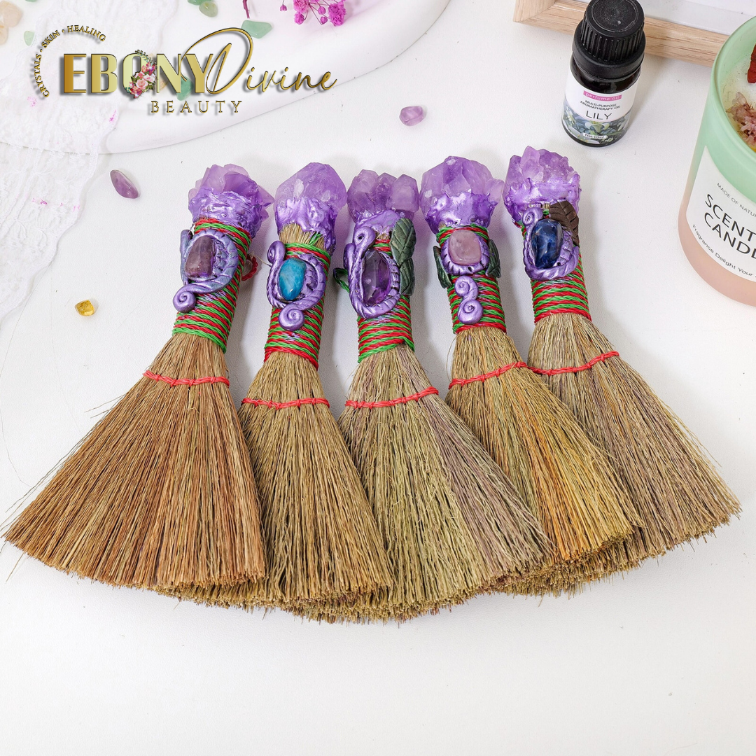 Amethyst Crystal Broom | Crystal Scepter Broom | Ebony Divine Beauty