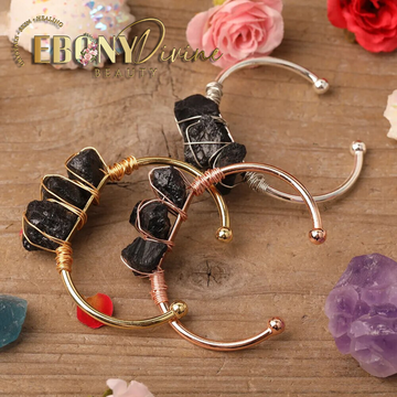 Wire-Wrapped Natural Black Tourmaline Chunky Beads Open Cuff Bangles