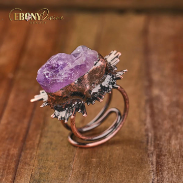 Vintage Look Bronze Plated Adjustable Ring with Natural Amethyst Crystals