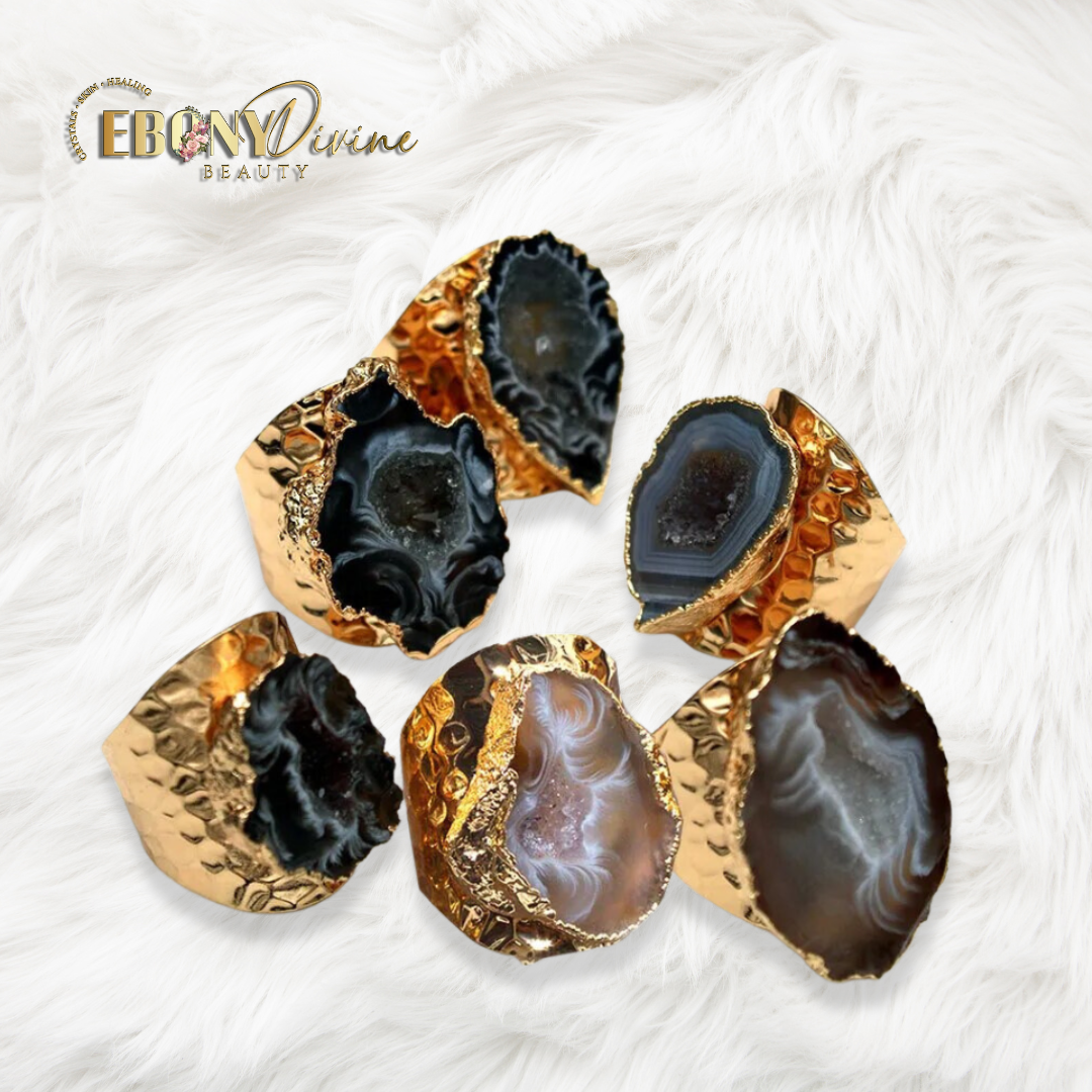 Irregular Raw Agate Slices Ring - Adjustable Gold Plated Open Wide Gemstone Finger Jewelry