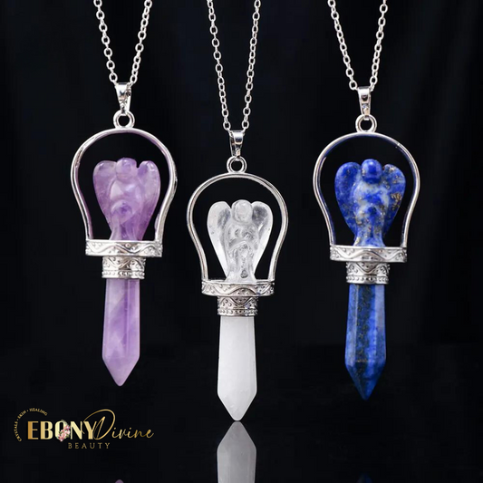 Natural Crystal Pendulum with Angel Statuette Infused with Reiki