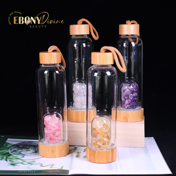 Natural Crystal Gemstone Glass Water Bottle with Bamboo Cup Cover