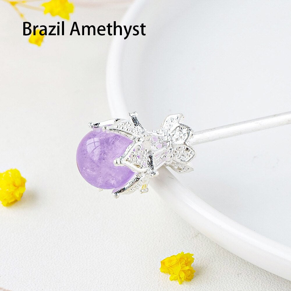 Ebony Divine Beauty Natural Brazil Amethyst Crystal Ball Hairpins Hair Stick Image 2