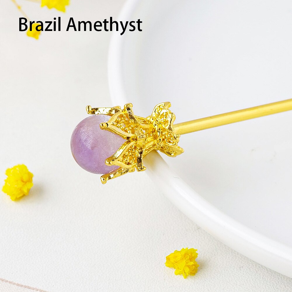 Ebony Divine Beauty Natural Brazil Amethyst Crystal Ball Hairpins Hair Stick Image 