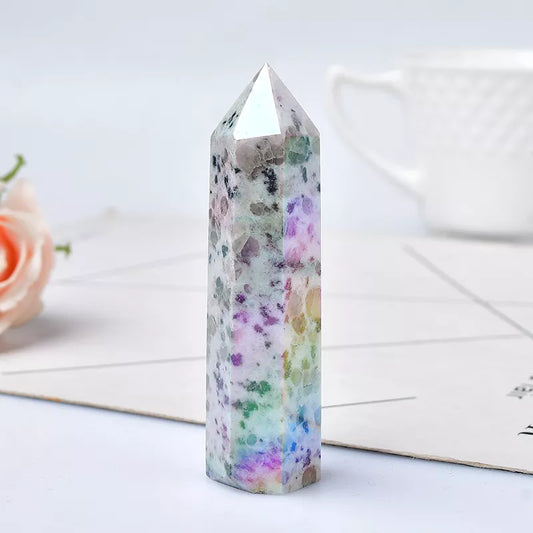 Natural Aura Kiwi Jasper Quartz Crystal Point Wand for Healing, Meditation, and Reiki