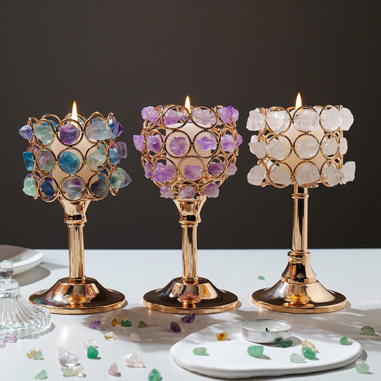 Natural Crystal Gemstone Candle Holder - Amethyst, Fluorite, & Clear Quartz Variants