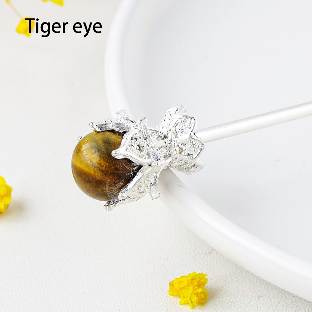 Ebony Divine Beauty Natural Tiger Eye 2 Crystal Ball Hairpins Hair Stick Image 